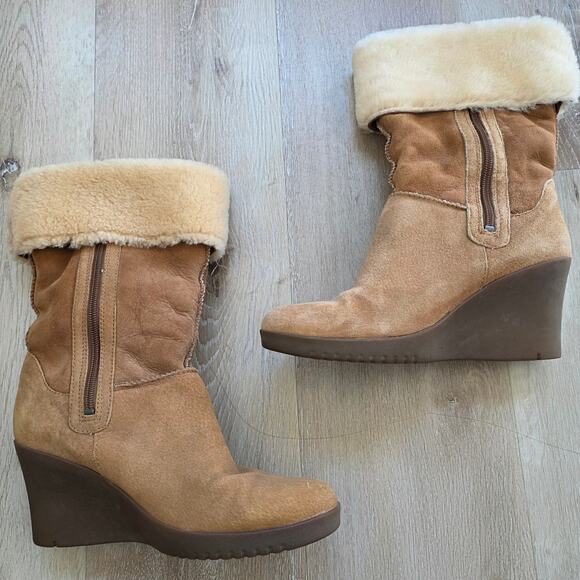 Ugg Joslyn 1941 Camel Suede Leather Wedge Shearling Boot sz 9 Winter Casual - Picture 5 of 8